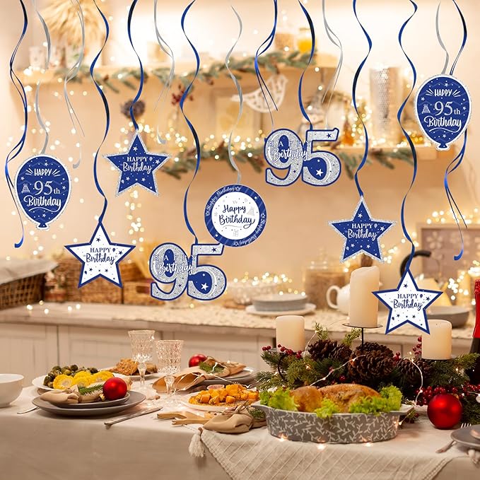 Happy 95th Birthday Blue & Silver Glitter Swirls Streamers Party Decorations - 15 Pcs 95th Birthday Hanging Swirls Streamers Kit,Perfect for 95th Bday Party Sign.