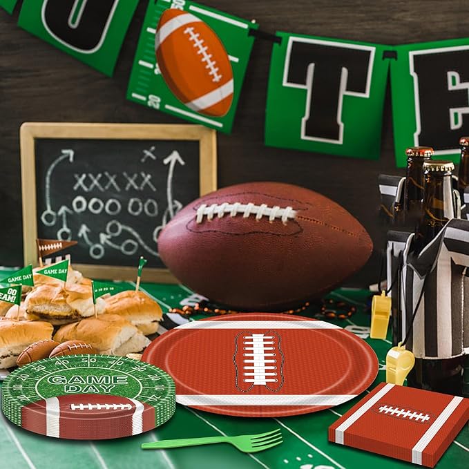96 Pieces Game Day Football Tableware Set – Disposable Plates, Napkins, and Forks with Football and Field Designs for Tailgate Parties, Sports Events, and Super Sunday Celebrations – Serves 24 Guests