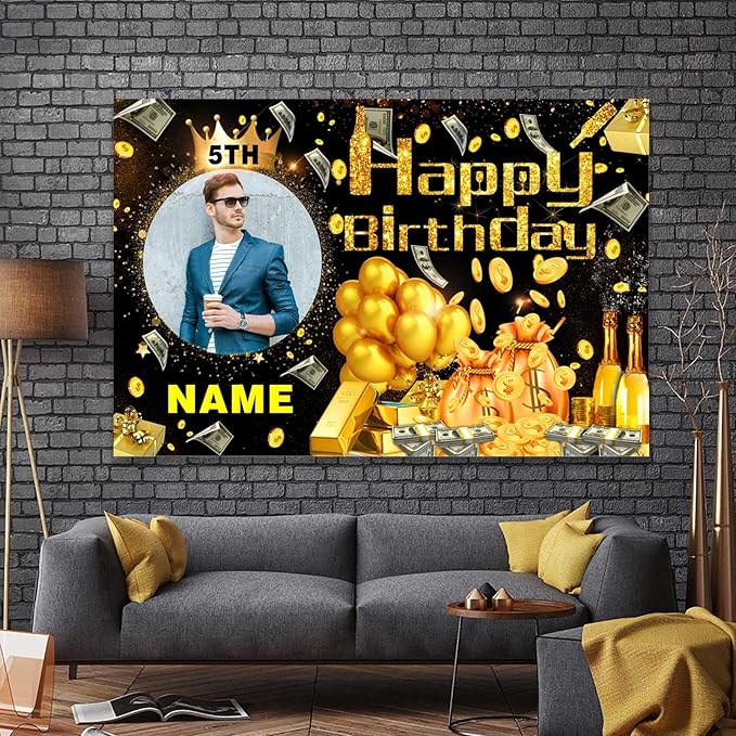 Custom Dollar Money Black and Gold Happy Birthday Party Decorations Supplies Personalized Dollar Money Black and Gold Birthday Backdrop Banner(4x6ft)