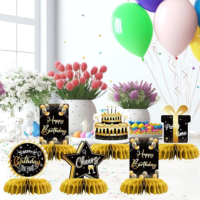 Happy Birthday Table Honeycomb Centerpieces Set, Anniversary Birthday Gifts Table Topper Centerpieces Adults Children Teenager Birthday Party Table Decorations Set of 8 (Gold)