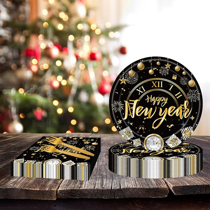 72Pcs Happy New Year Paper Plates and Napkins Black & Gold Party Plates 2026 New Year Party Supplies Tableware Set for New Year's Eve Holiday Decorations
