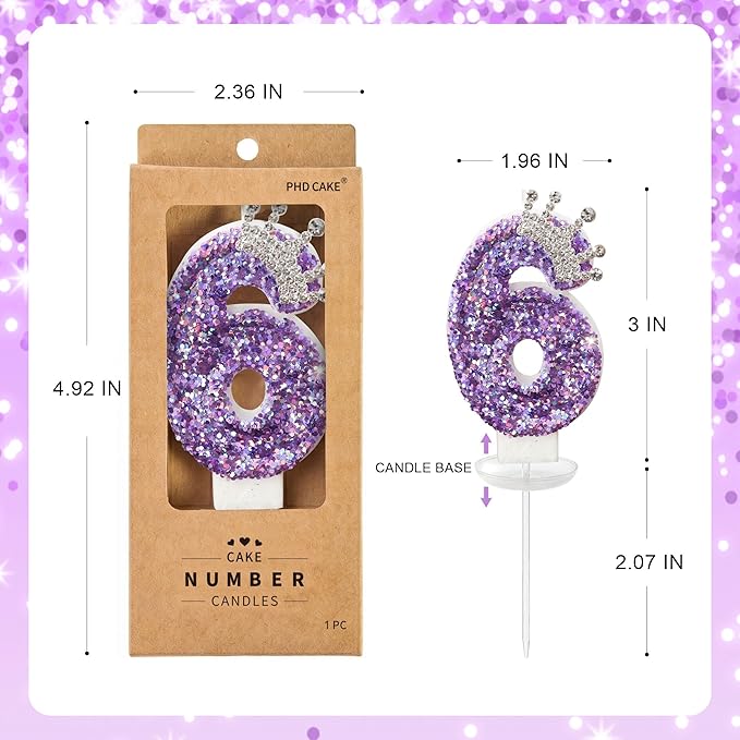 Birthday Number Candles,Purple Crown Birthday Candles for Cake,Glitter Number 6 Candle Cake Topper with Sequins for Anniversary Celebrations Supplies