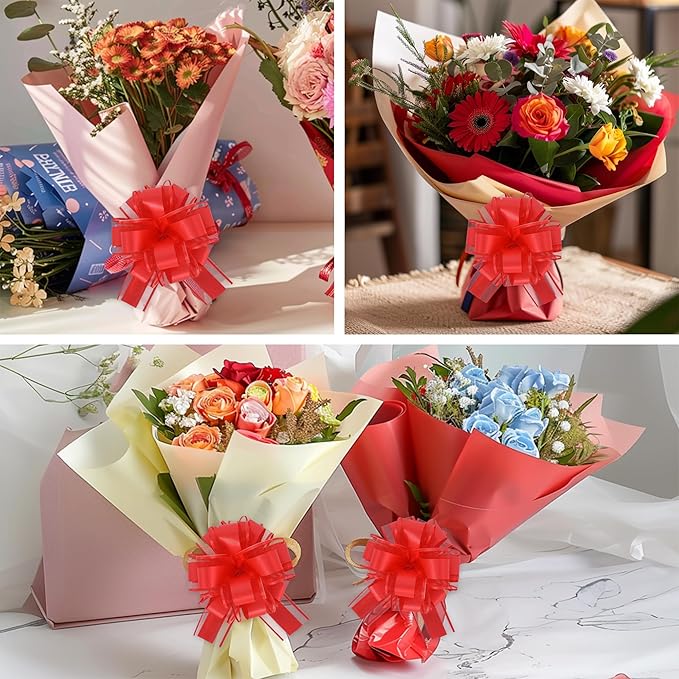 6pcs 7 Inch Pull Bows Red Gift Wrap Bows for Gift Wrapping, Ribbon, Basket, Flower, Christmas, Mother's Day, Valentine's Day, Birthday Party Decorations