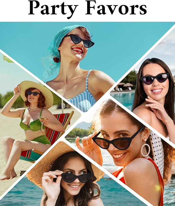 PLULON Vintage Narrow Cat Eye Sunglasses Women Men Sun Glasses Retro Cateye Boys Girls Birthday Summer Beach Pool Party