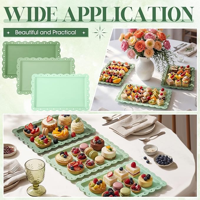 6 Pcs Green Serving Trays Plastic Platters Dessert Cupcake Holder Party Supplies 14.4 x 9.3 Inches Rectangular Cookie Snack Display Tray for Wedding Restaurant