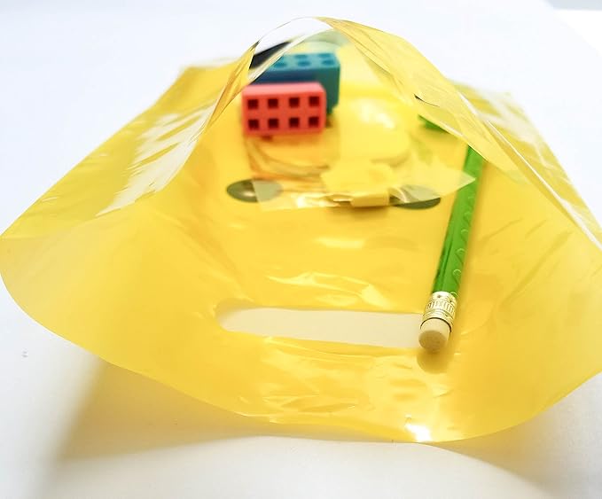 L LIFETIME Smile! Yellow Party Favors Bags Super Strong 24 Pack Loot Birthday Emoji Treat Plastic Bag, 9 x 6 inch - Birthday Gift Bag for Kids Boys and Girls - Plastic Gift Bags with Handles