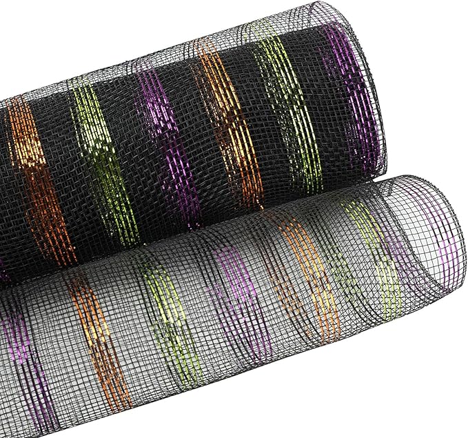 3 Roll Orange Purple Black Deco Mesh Ribbon for Wreath Making Supplies, 10 Inch x 30FT Metallic Foil Burlap Deco Mesh Fabric for Halloween Thanksgiving Christmas Wreath Swags and Decorating