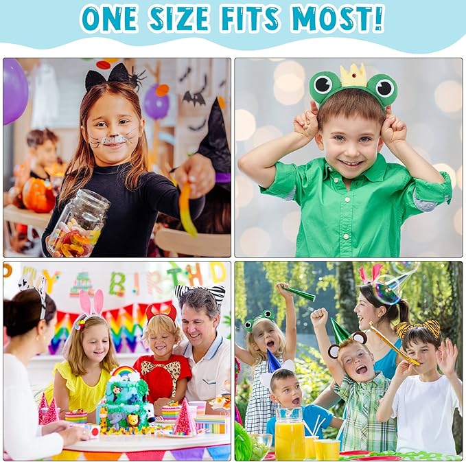 28 Pieces Safari Animal Headbands with Ears, Horns, and Hoops - Jungle Theme Birthday Photo Props for Kids and Adults