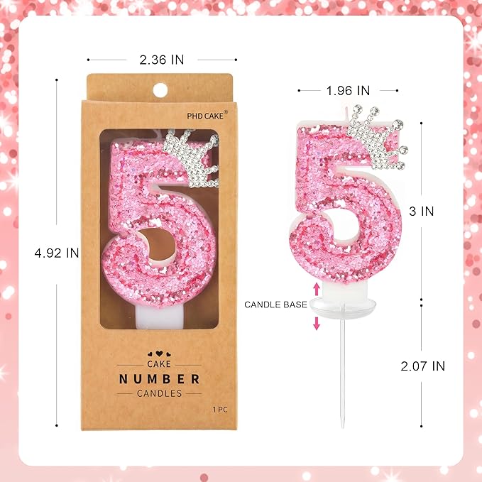 PHD CAKE Birthday Number Candles,Pink Crown Birthday Candles for Cake,Glitter Number 5 Candle Cake Topper with Sequins for Girls,Women, Anniversary Celebrations Supplies