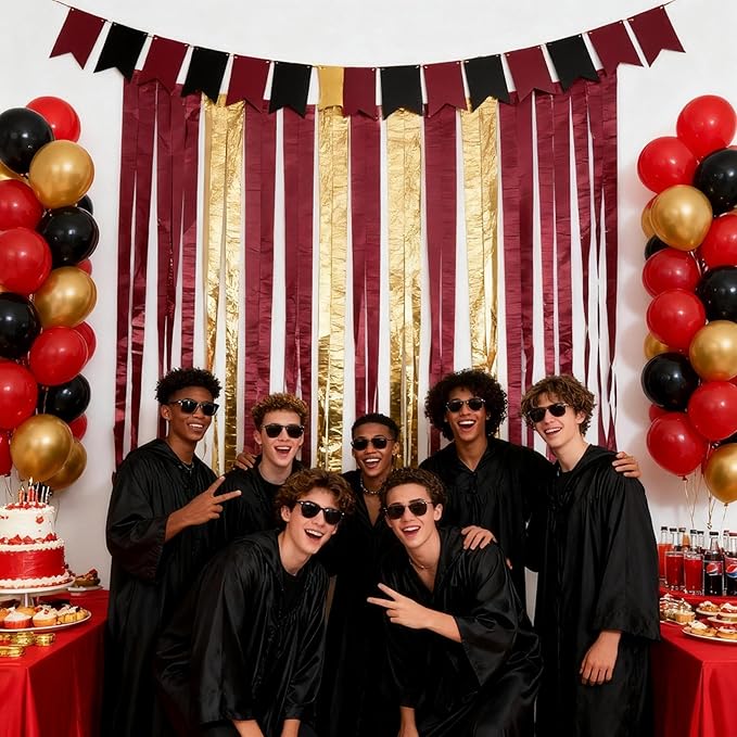 Burgundy Gold Crepe Paper Streamers Birthday Backdrop fringe-11 ft(W) x6.6 ft(H) Party Curtain for Birthday Banners-Background for Party Balloons Gold and Burgundy 492ft -6 Rolls Each 82ft