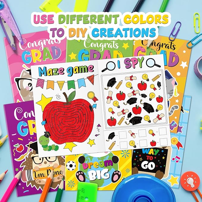 Congrats Grad Activity Books- 24Pcs Kindergarten Graduation Mini Games Coloring Book Set for Kids Bulk Preschool Graduation Theme Mazes Word Search Games for School Ceremony Party Goodie Bags Stuffers