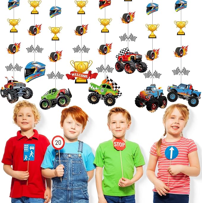 Daifunli 8 Pcs Truck Party Decorations Monster Truck Hanging Garlands Streamer Cutouts Race Car Theme Birthday Banner Backdrop for Boy Car Baby Shower Party Supplies Home Wall Ceiling Decor