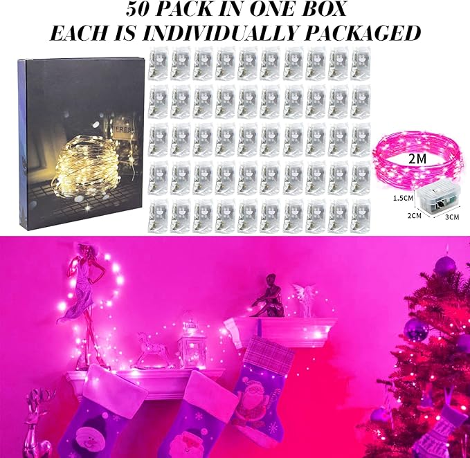 ZGWJ 50 Pack Fairy Lights Battery Operated, 7FT 20LED Mini Fairy String Lights Silver Wire 3 Modes for DIY, Parties, Wedding, Bedroom, Halloween Christmas Decoration- Pink