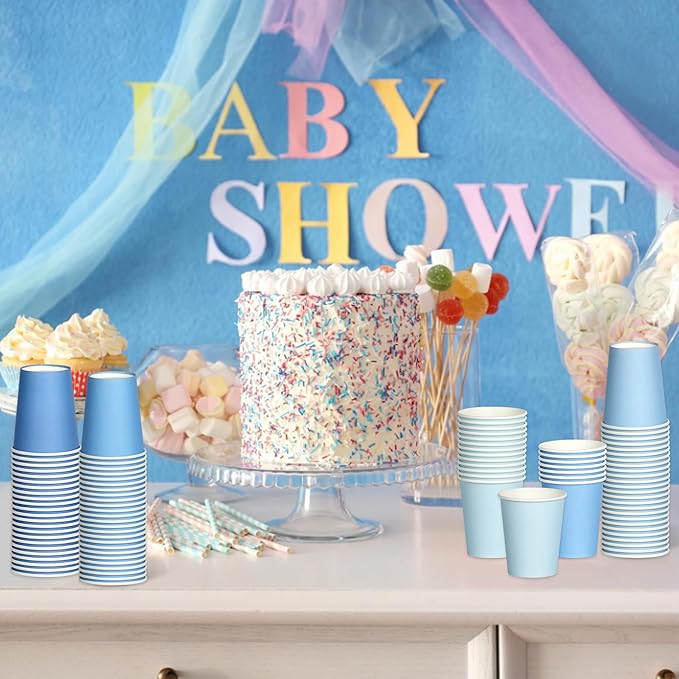 100 Pcs Dusty Blue Paper Cups 8oz Gradient Blue Disposable Paper Cup Coffee Water Juice Tea Paper Cups for Birthday Baby Shower Party Supplies,4 Colors