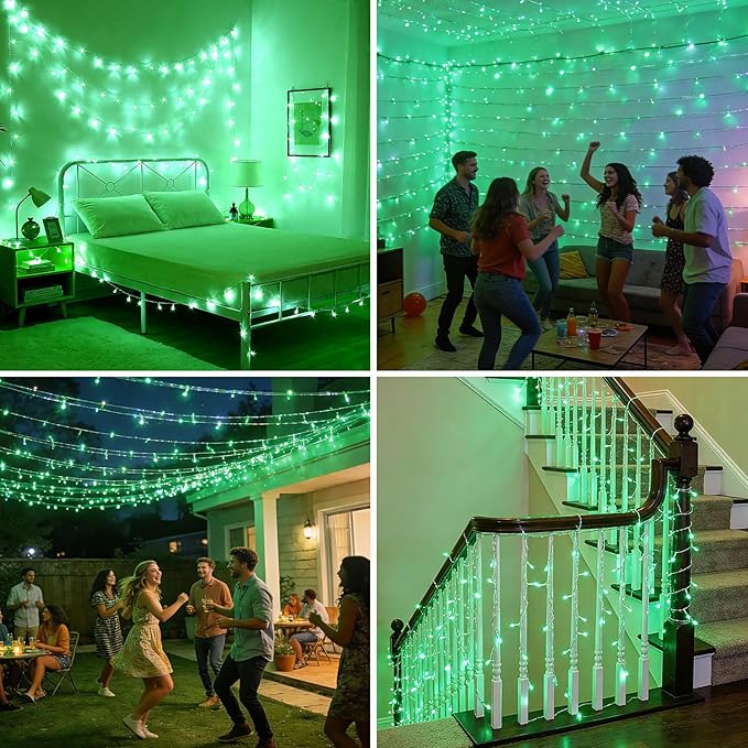 Green String Lights Outdoor Decoration, 66 ft 200 LED Green St. Patrick's Day Lights, Indoor Connectable 8 Modes Clear Wire Twinkle Fairy Light for Party St. Patrick's Day Decoration