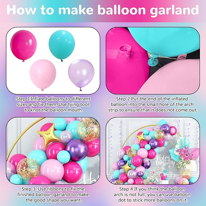HILAVO Pink Purple Blue Balloon Arch Kit Teal Hot Pink Metallic Purple Party Latex Balloon Garland with Confetti and Star Foil Balloons for Girls Princess Birthday Baby Shower Neon Party Decorations