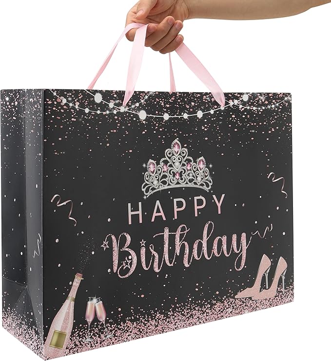 wishinside 16.5'' Extra Large Black Happy Birthday Gift Bag Set with Handles, Greeting Card, Tissue Papers and Stickers for Girls Women Kids Teens, Tiara Design, 1 Pcs