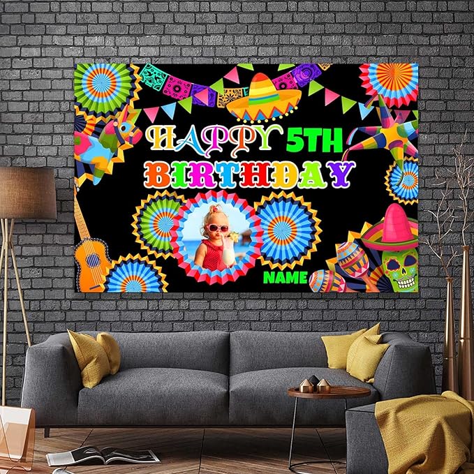 Custom Space Mexican Fiesta Carnival Happy Birthday Party Decorations Supplies Personalized Mexican Fiesta Carnival Birthday Backdrop Banner(5x7.5ft)