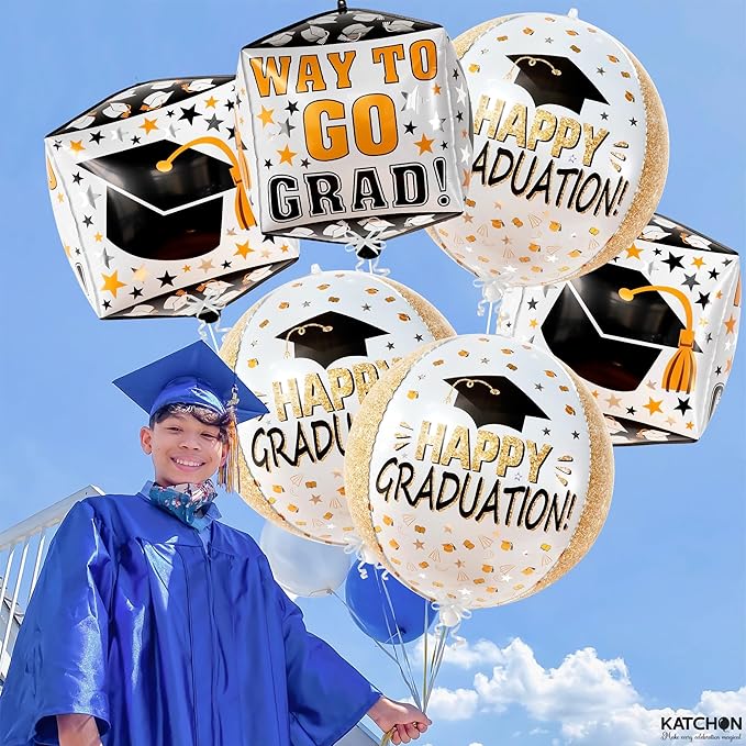 Graduation Decorations 2026 | Graduation Balloons - Pack of 6 | Black and Gold Mylar Foil Balloons for Grad Decorations Class of 2026 | Graduation Party Supplies with Graduation Cap Balloon, KatchOn