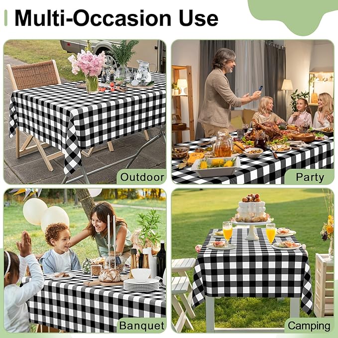 Smiry 6 Pack Black Gingham Disposable Tablecloths - 54" x 108" Heavy Duty Plastic Table Cloth, Waterproof Buffalo Plaid Table Covers for Picnic, Banquets, Outdoor Parties