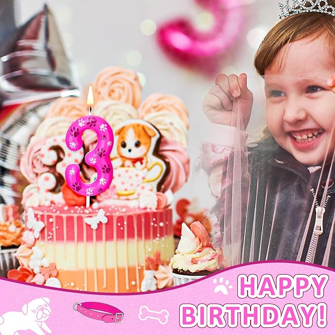 Conelist Number 3 Dog Paw Birthday Candles Dog Patrol Toppers Candles Rose Red, Pink, Purple Numeral Birthday Cake Topper for 3 Year Old Boy Girl Paw Birth Day Decoration Pet Party Supplies