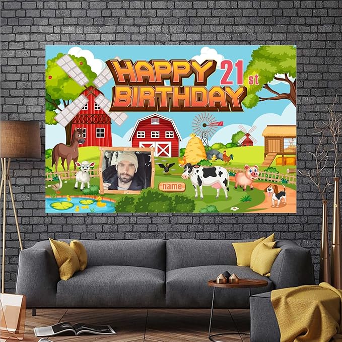 Custom Farm Theme 21st Birthday Decorations Banner - Personalized Fabric Banner for 21st Birthday Party Supplies