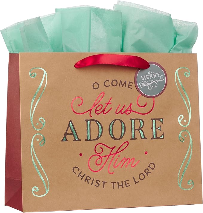 Christian Art Gifts Large Landscape Inspirational Christmas Gift Bag, Tag & Wrapping Tissue Paper Set for Men & Women: Let Us Adore Him, Cute Sturdy Satin Ribbon Handles, Kraft Paper Brown Multicolor