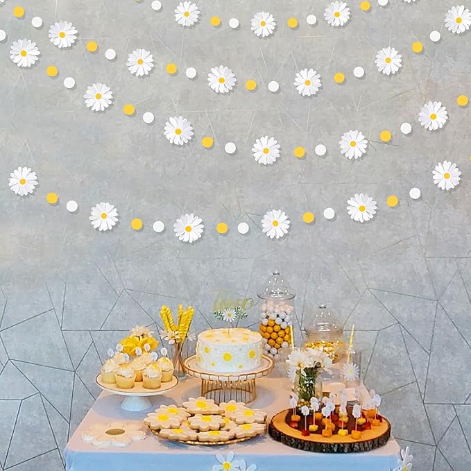 Daisy Party Decorations Yellow White Daisy Polka Dot Garland Double-Sided Daisy 3D Flower Streamer for Spring Summer Birthday Baby Shower Wedding Bridal Shower Retro Groovy Hippie Decorations Supplies
