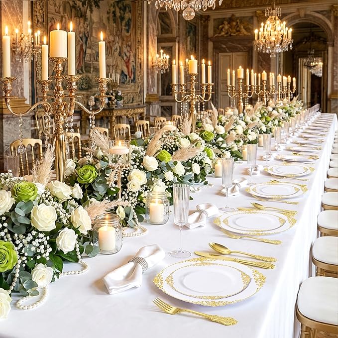 125PCS White and Gold Plastic Plates - Gold Disposable Plates with Plastic Silverware - Vintage Disposable Dinnerware Set for 25 Guests for Wedding Party Dinner Holiday