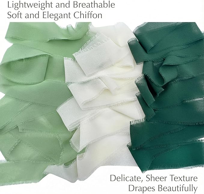 Frayed Edge Chiffon Ribbon 3 Pack, 1.5 Inch Wide Polyester Ribbon, 21 Yards Total in Dark Green, Beige and Pea Green for Wedding Bouquet Wrapping, Gift Decoration and Crafts