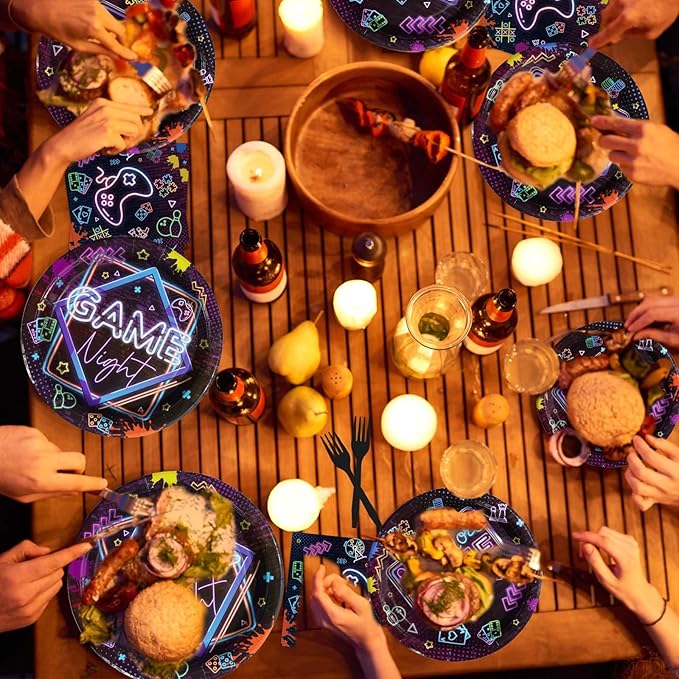 96Pcs Video Game Party Decorations Glow Neon Game On Plates and Napkins Tableware Set Game Night Decorations for Adults Game On Gamer Birthday Sleepover Slumber Prom Gaming Party Supplies Serves24