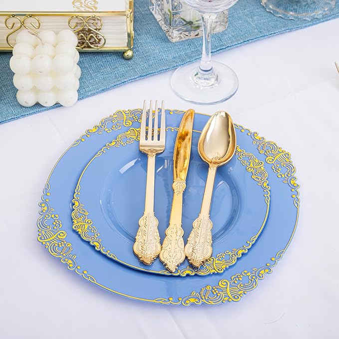 125PCS Blue and Gold Plastic Plates - Airy Blue Disposable Plate - Gorgeous Plates with Gold Plastic Silverware Sets for 25 Guests for Party & Wedding & Spring