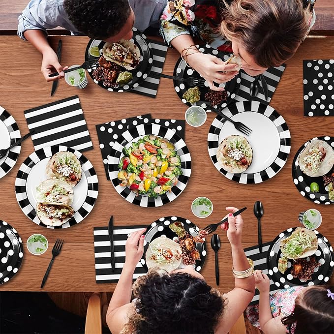 170Pieces Black and White Party Supplies Disposable Paper Plates Napkins Cups Knives Spoons Forks Plastic Tablecloths For Wedding Baby Bridal Shower New Years Decor Serve 24