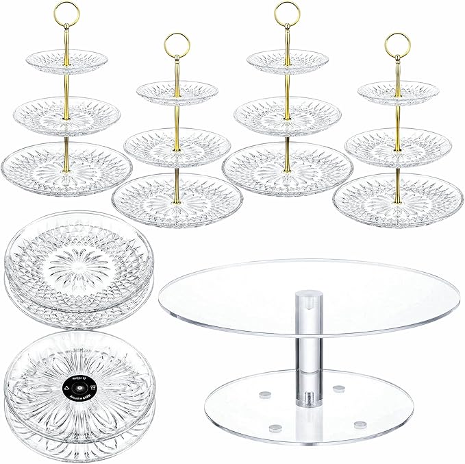 Pinkunn 9 Pcs Acrylic Cake Stand Set Include 4 Pcs 3 Tier Cupcake Tower 4 Round Dessert Tray 1 Cake Pedestal Stand Dessert Table Cupcake Holder for Birthday Wedding Baby Shower Party Decoration