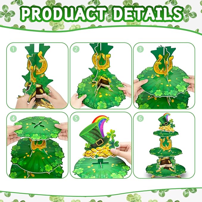 3 Tier St. Patrick's Day Cupcake Stand Shamrock Cardboard Display Stand Green Irish Cupcake Holder for St. Patrick's Day Party Decorations