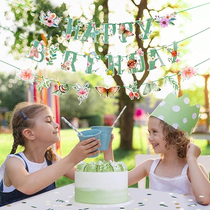 SUNBEAUTY Wildflower Happy Birthday Banner Sage Green Floral Flower Party Decorations Butterfly Flower Banner Summer Spring Butterfly Birthday for Women Girl Baby Shower Garden Tea Party Supplies | Pre-Strung