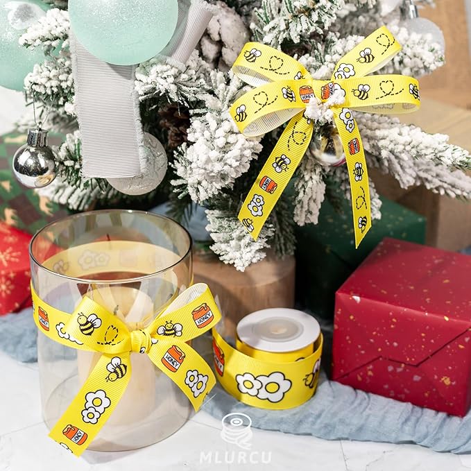 Bee Ribbon Set 3 Rolls Yellow Grosgrain Ribbon 5/8", 7/8", 1.5", Bumblebee, Honey Pot, Flower Print Ribbon for Crafts, Gift Wrapping, Hair Bows, Baby Shower, Party Decor