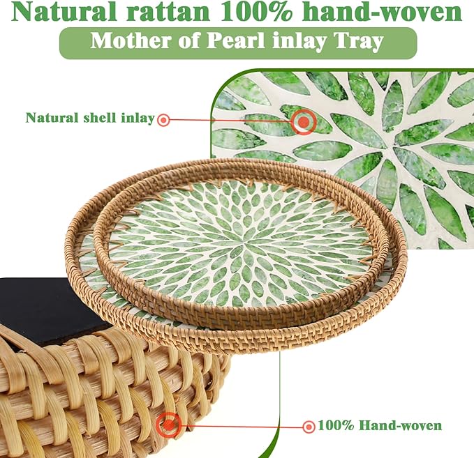 Round Rattan Tray with Mother of Pearl Inlay, Handwoven Wicker Coffee Table Serving Basket Tray for Fruit Snack Party Picnic Cafe Bedroom Kitchen Home Decor Set of 2 (Green Leaves)
