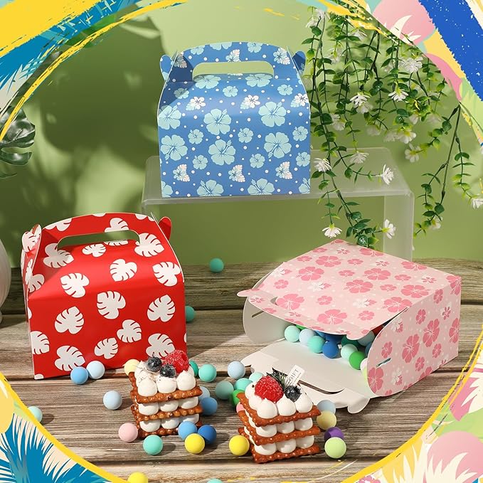 Marspark 12 Pack Hawaiian Themed Cartoon Birthday Party Supplies, Paper Gift Boxes, Cartoon Candy Treat Boxes for Birthday Party Decorations(Flower Pattern)