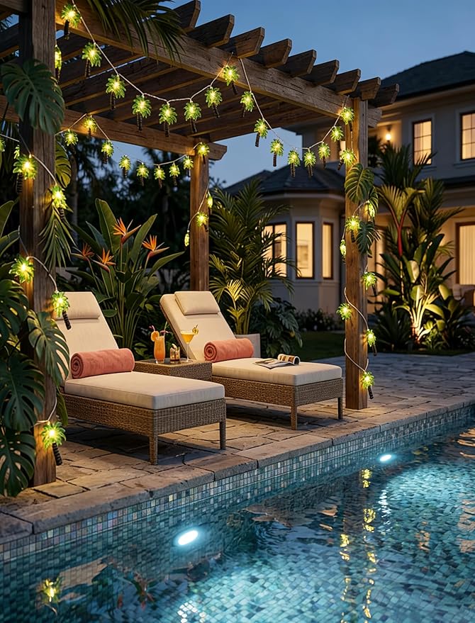 12Ft Summer Beach Hawaiian String Lights - 20 LED Palm Tree Lights for Luau Pool Decor, Hawaii Theme Summer Outdoor Indoor Tropical Party Decorations