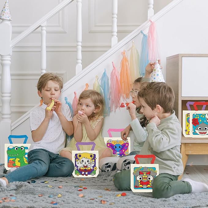 8 Pieces Kids Coloring Goodie Bags, Reusable Canvas Bag, Cute Art Party Favors, Color Your Own Bags for DIY Painting Birthday Carnival Celebration, Party Supplies Gift, Girls
