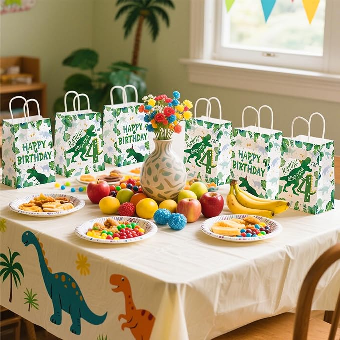 Grencian 16 Pcs Dinosaur 4th Birthday Party Favor Bags Roar Im Four Dinosaur Candy Treat Gift Goodie Bags with Handles Dino Four Year Old Birthday Decorations for Boys 4 Year Old Party Decorations Favors Supplies