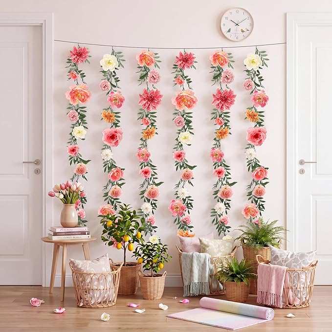Suncalla 2 Pcs 6.6 ft Artificial Flower Garland Spring Wildflower Vines Backdrop Floral Hanging Ceiling Garland for Tea Birthday Wedding Bridal Shower Baby Shower Backdrop Wall Decor (Lively Color)