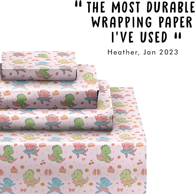 CENTRAL 23 Dinosaur Ballerina Wrapping Paper - 6 Sheets Gift Wrap for Kids Girls or Boys - Birthday Christmas Baby Shower - Cute Colorful Dinos Dancing in Tutus - Recyclable - Comes with Tags