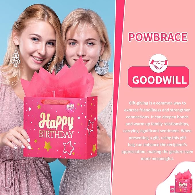 16" Pink Happy Birthday Gift Bag with Tissue Paper and Greeting Card for Party,Happy Birthday Gift Bag for Men Women,Gift Bags Extra Large(1 PCS Pink Hot Stamping)