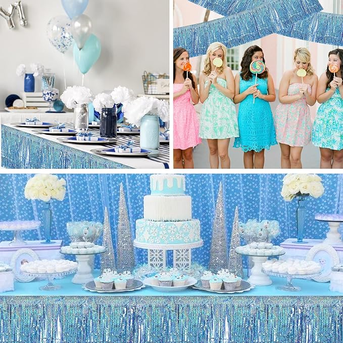 BEISHIDA 3 Packs Metallic Foil Fringe Garland Laser Light Blue Wall Hanging Tinsel Fringe Banners for Car Floats Bridal Shower Wedding Birthday Easter Graduation Holiday Party Decoration(30 Feet)