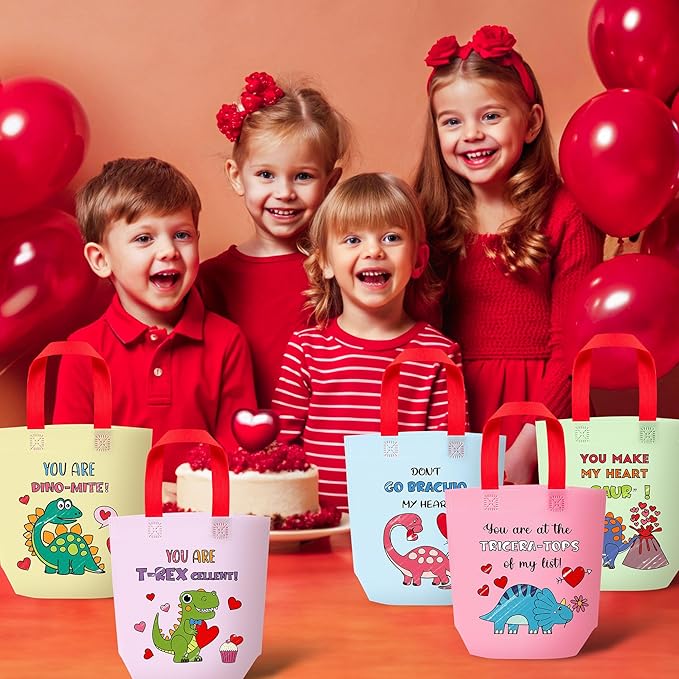 Valentine Coloring Goodie Bags for Kids - 24Pcs Dinosaur Bulk Color Your Own Gift Bags with Handle Valentine's Day Reusable Coloring Non Woven Tote Bag for DIY Craft Painting Party Favor Supplies