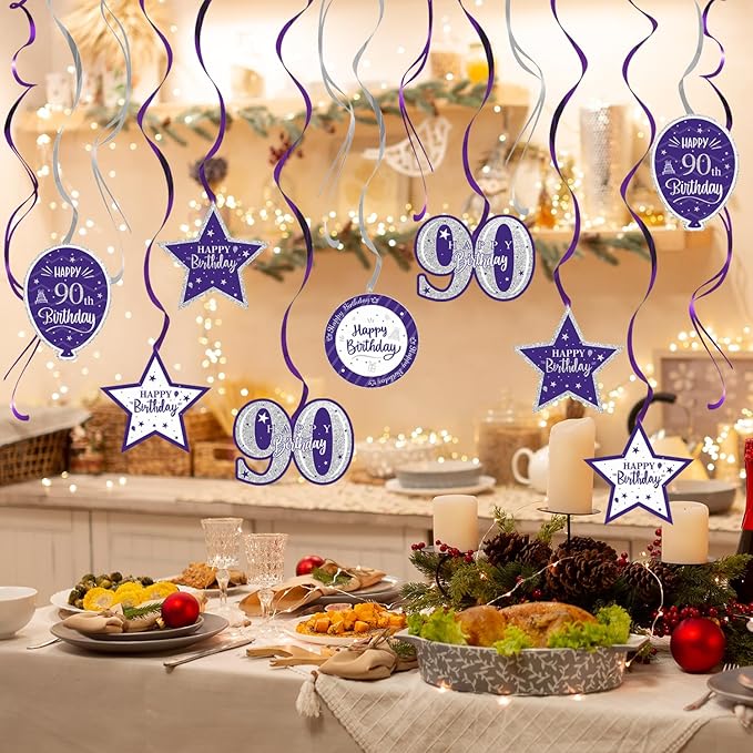 Happy 90th Birthday Purple & Silver Glitter Swirls Streamers Party Decorations - 15 Pcs 90th Birthday Hanging Swirls Streamers Kit,Cheers to Ninety Years Old Bday Party Sign.
