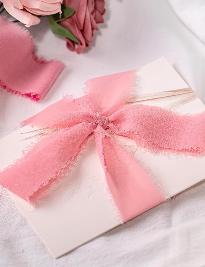 Chiffon Ribbon, Hot Pink Pastel Pink 1.5''x21Yd Frayed Fringe Silk Ribbons for Gift Wrapping, Handmade Decor, Floral Vase, Wedding, Birthday, Engagement, Bridal Shower, Mother's Day, 3 Rolls