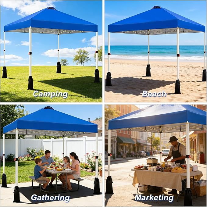 WEIZE 10x10 Pop Up Canopy Tent, 1-Button Push Setup Canopy Tent, Adjustable Height Instant Portable Shelter, Portable Roller Bag, Easy Outdoor Sun Shade for Events, 4 Weight Bags, Blue